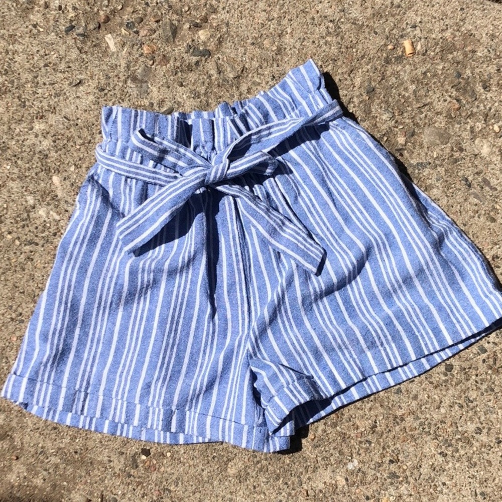 High waisted blue and white striped shorts